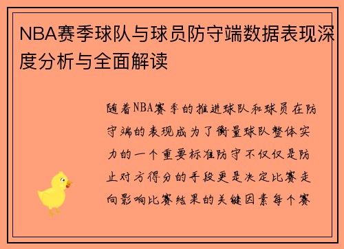 NBA赛季球队与球员防守端数据表现深度分析与全面解读
