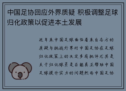 中国足协回应外界质疑 积极调整足球归化政策以促进本土发展