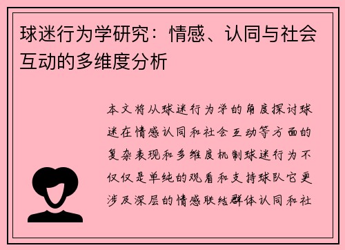 球迷行为学研究：情感、认同与社会互动的多维度分析